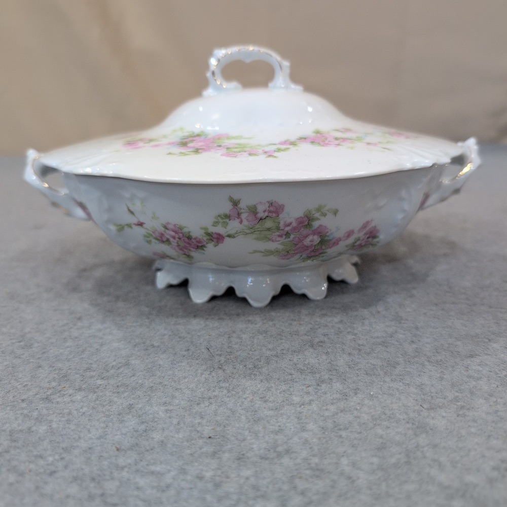 Antique Porcelain Covered Vegetable Tureen Pink Floral Gold Gilt Footed Dish
